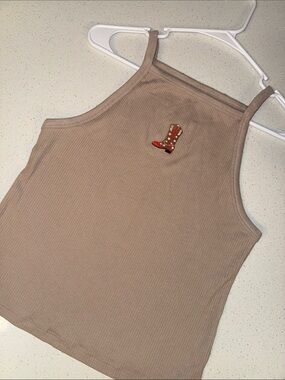 SO Ribbed Tan Camisole with Red Western Boot Patch